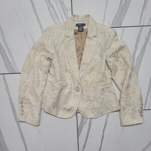 Cream and gold brocade preppy fitted blazer with rhinestone buttons 12